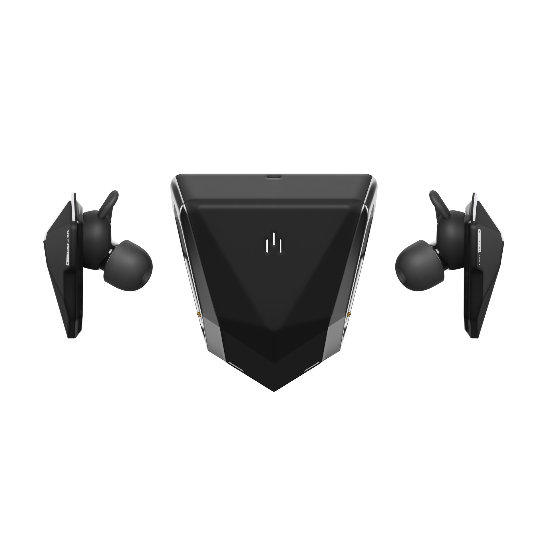 SANWEAR™ Dark Matter in-ear Bluetooth earbuds top view charging case and earbuds