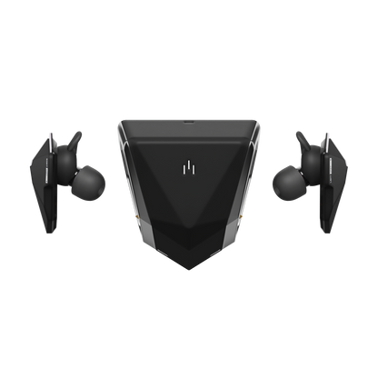 SANWEAR™ Dark Matter in-ear Bluetooth earbuds top view charging case and earbuds