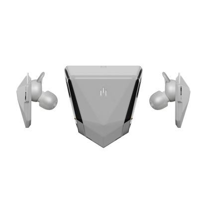 SANWEAR™ Lunar Chrome in-ear Bluetooth earbuds top view charging case and earbuds
